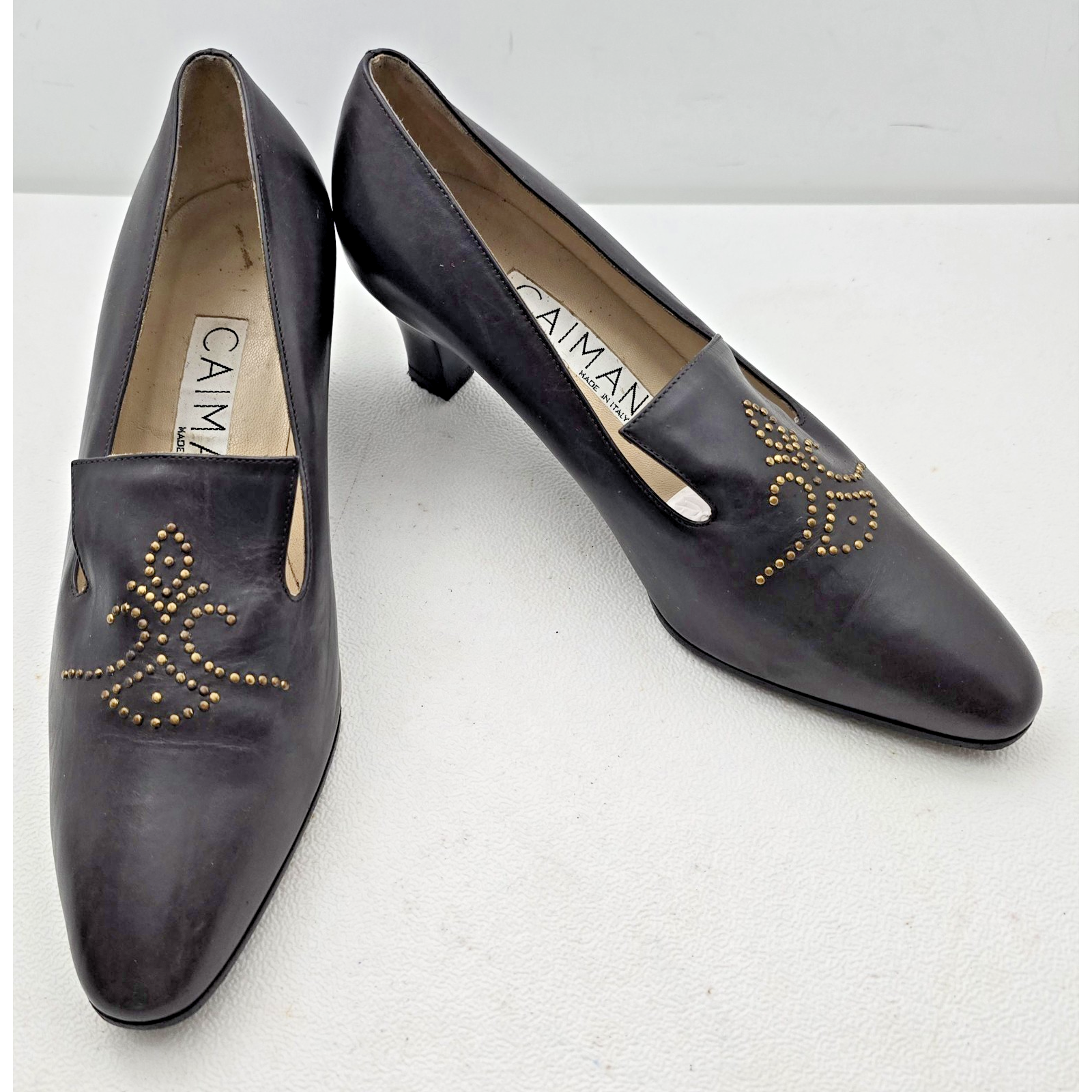Vtg Caiman Brand Brown Leather French Pilgrim Studded Heels 6.5-7/37 Made Italy